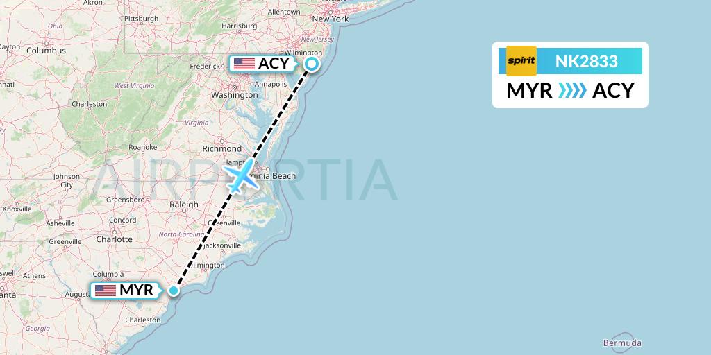 NK2833 Spirit Airlines Flight Map: Myrtle Beach to Atlantic City