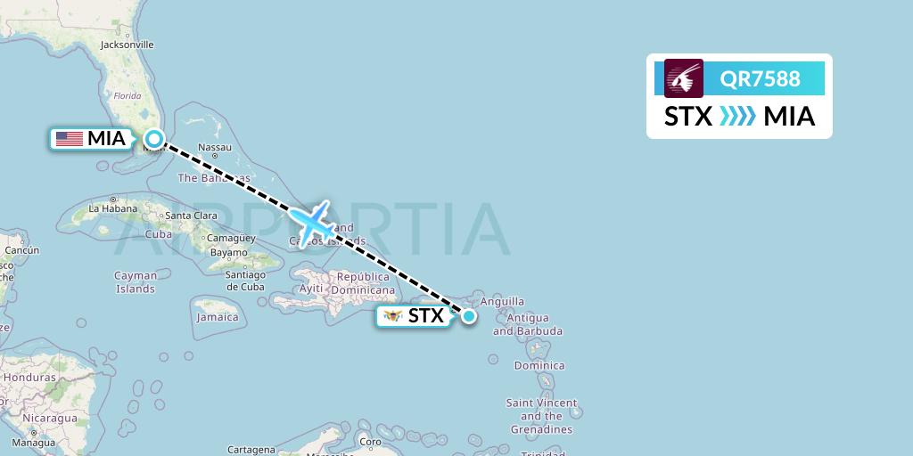 QR7588 Qatar Airways Flight Map: St. Croix to Miami