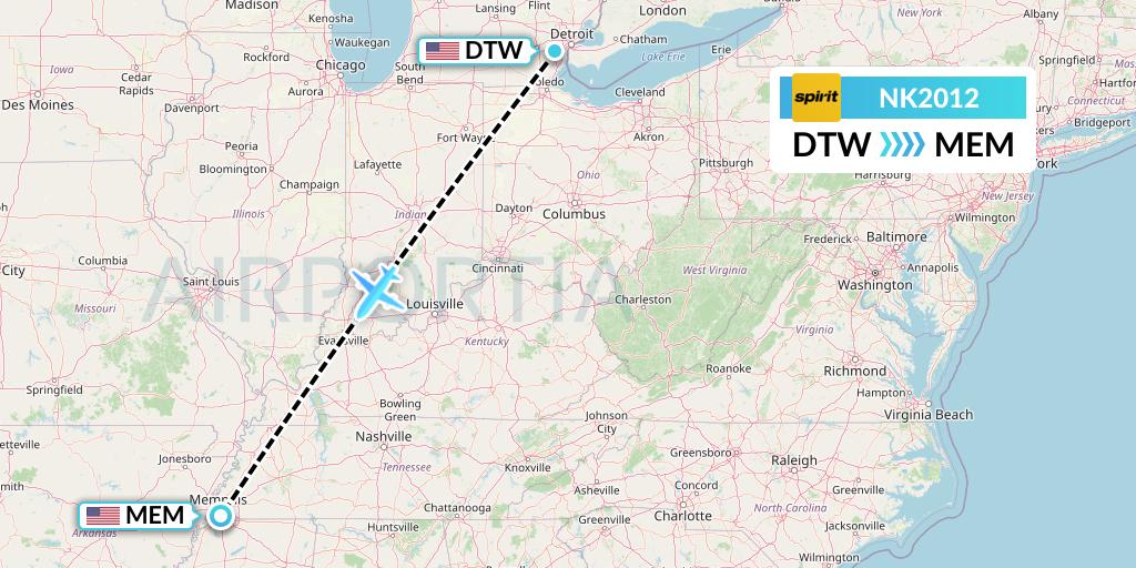 NK2012 Spirit Airlines Flight Map: Detroit to Memphis