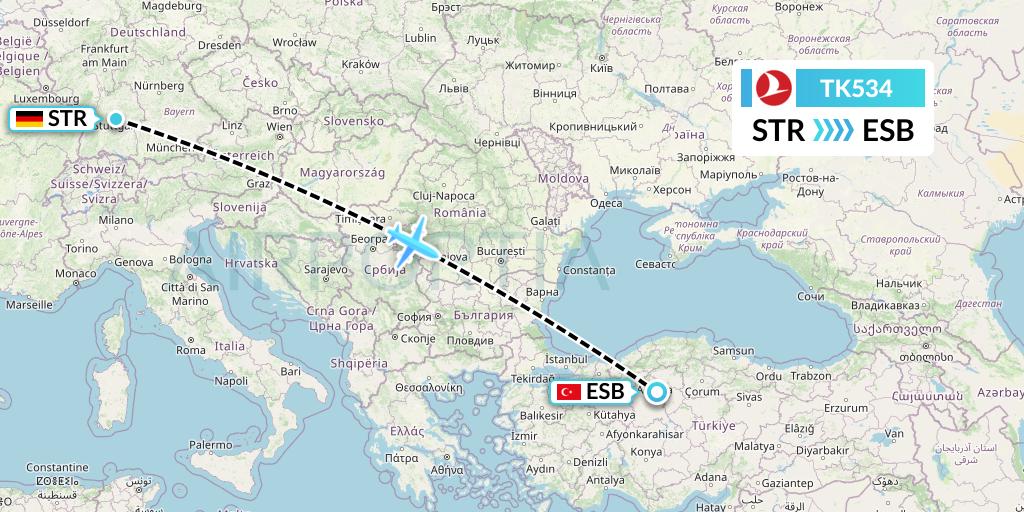 TK534 Turkish Airlines Flight Map: Stuttgart to Ankara