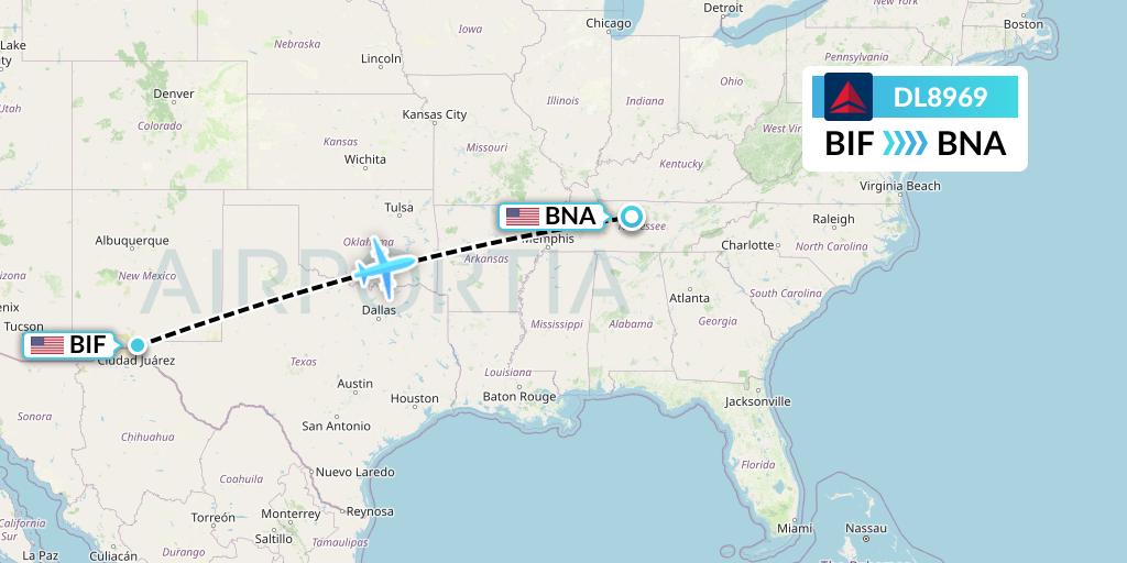 DL8969 Delta Air Lines Flight Map: Fort Bliss-El Paso to Nashville