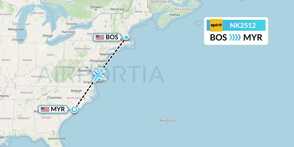 NK2512 Spirit Airlines Flight Map: Boston to Myrtle Beach