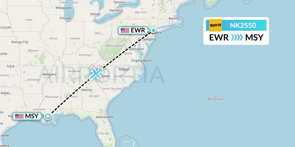 NK2550 Spirit Airlines Flight Map: New York to New Orleans