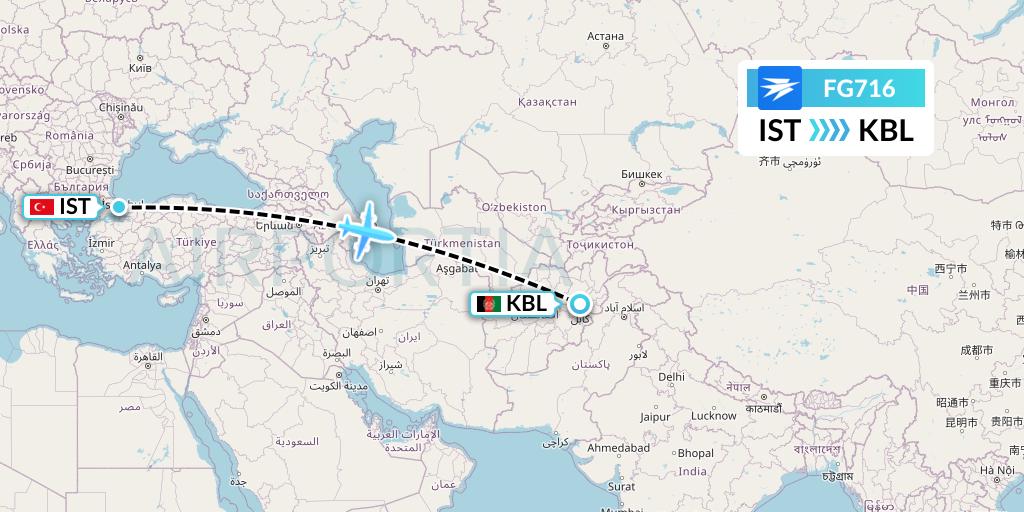 FG716 Ariana Afghan Airlines Flight Map: Istanbul to Kabul
