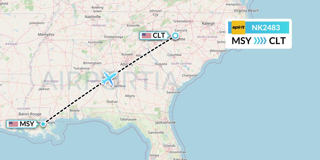 NK2483 Spirit Airlines Flight Map: New Orleans to Charlotte