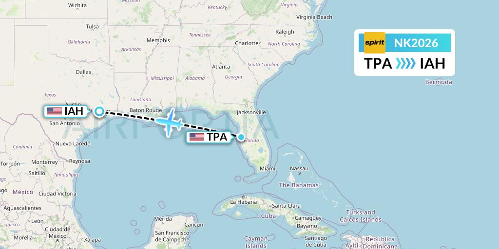 NK2026 Spirit Airlines Flight Map: Tampa to Houston
