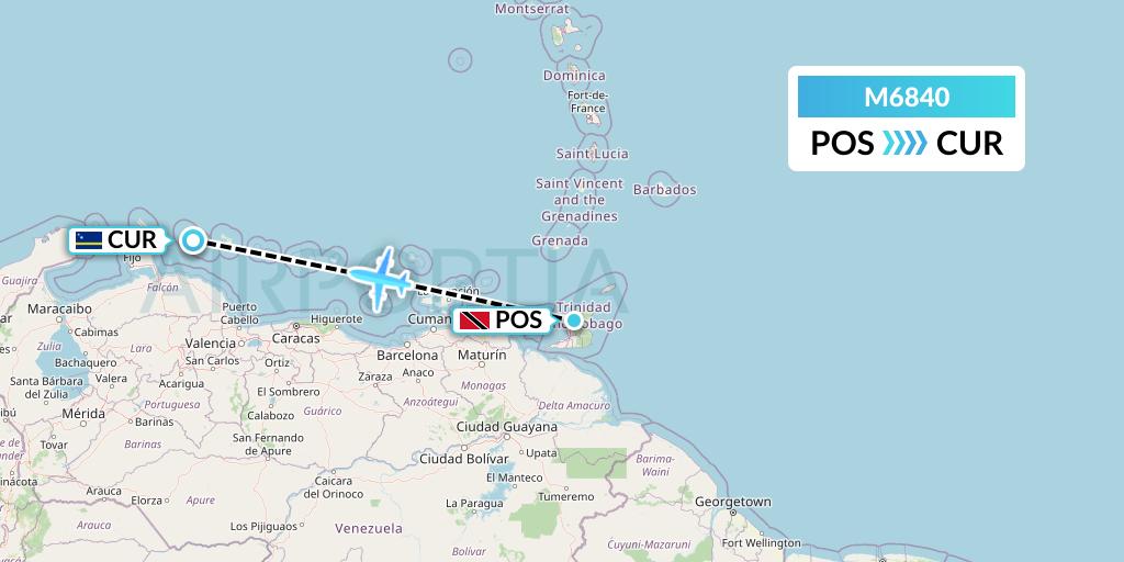 M6840 Amerijet International Flight Map: Port of Spain to Willemstad