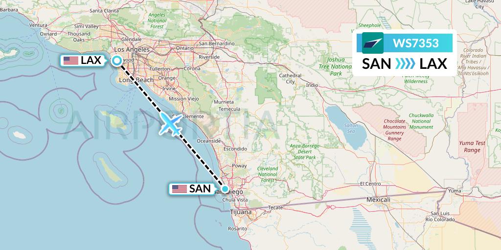 WS7353 WestJet Flight Map: San Diego to Los Angeles