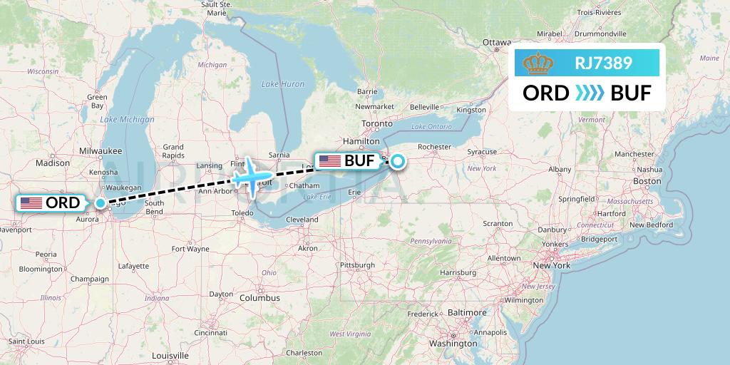 RJ7389 Royal Jordanian Flight Map: Chicago to Buffalo