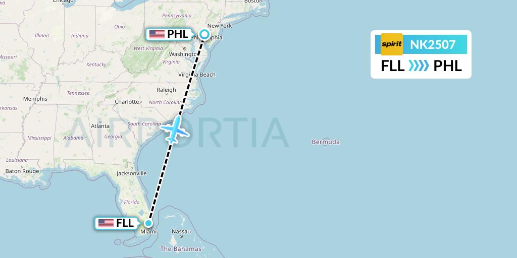 NK2507 Spirit Airlines Flight Map: Fort Lauderdale to Philadelphia