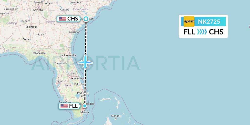NK2725 Spirit Airlines Flight Map: Fort Lauderdale to Charleston