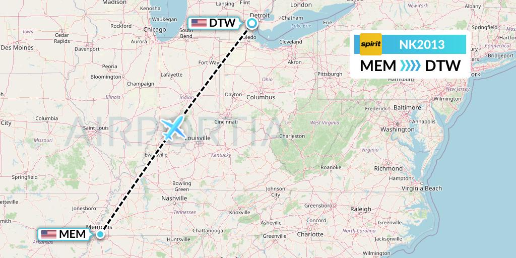 NK2013 Spirit Airlines Flight Map: Memphis to Detroit