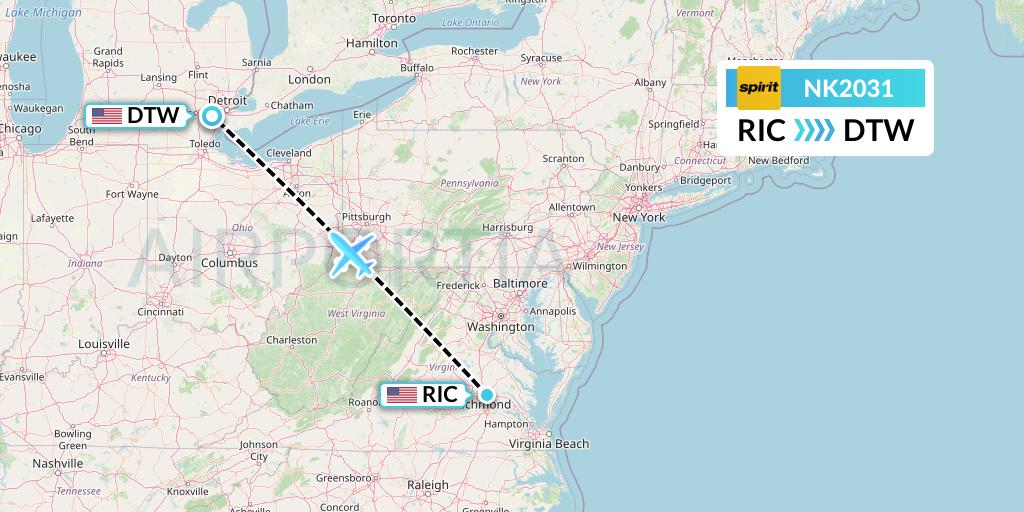 NK2031 Spirit Airlines Flight Map: Richmond to Detroit