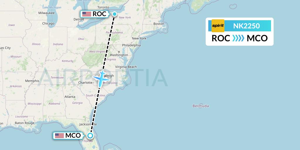 NK2250 Spirit Airlines Flight Map: Rochester to Orlando