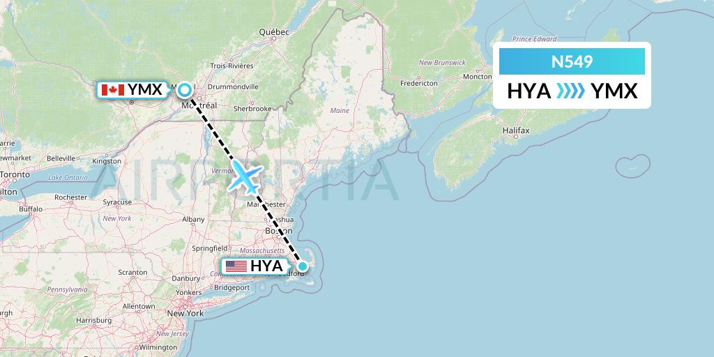 N549 Nolinor Aviation Flight Map: Hyannis to Montreal