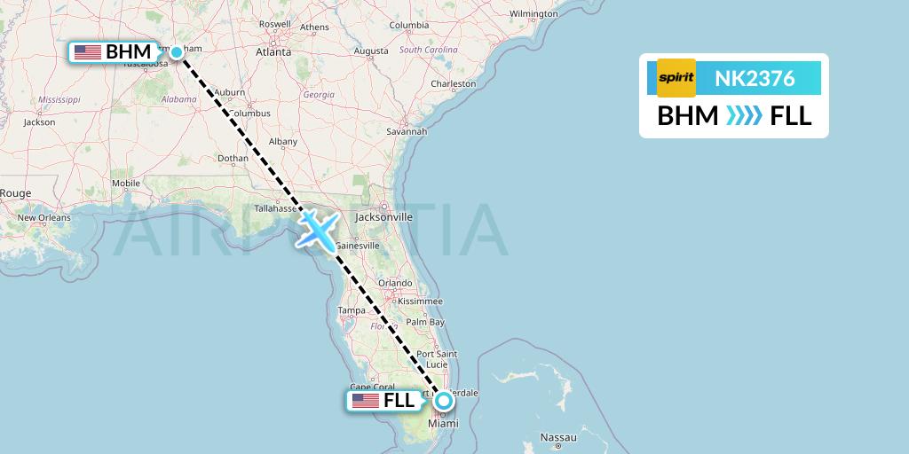 NK2376 Spirit Airlines Flight Map: Birmingham to Fort Lauderdale