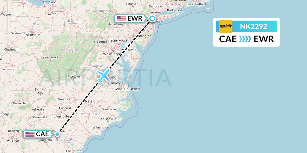NK2292 Spirit Airlines Flight Map: Columbia to New York