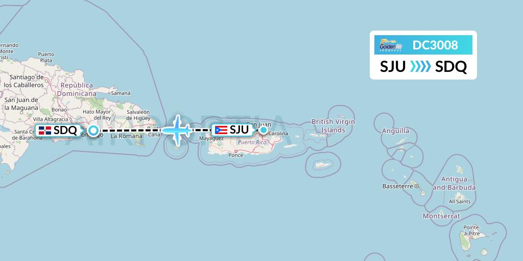 DC3008 Braathens Regional Flight Map: San Juan to Santo Domingo