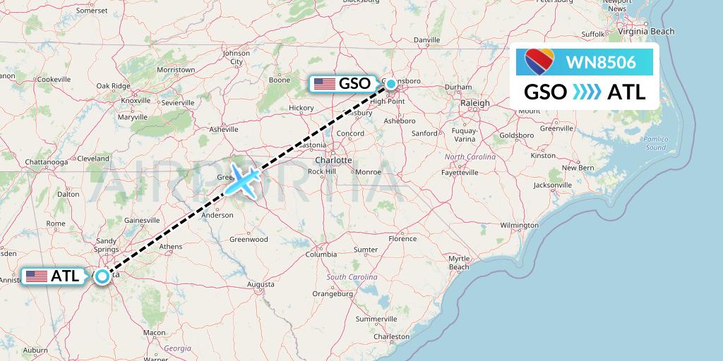 WN8506 Southwest Airlines Flight Map: Greensboro to Atlanta