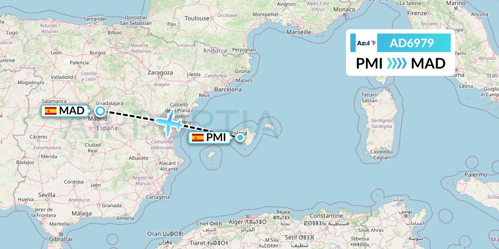 AD6979 Azul Brazilian Airlines Flight Map: Palma de Mallorca to Madrid
