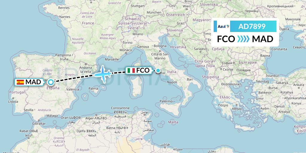 AD7899 Azul Brazilian Airlines Flight Map: Rome to Madrid