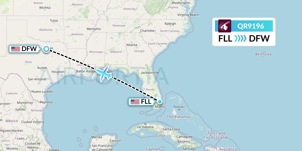 QR9196 Qatar Airways Flight Map: Fort Lauderdale to Dallas