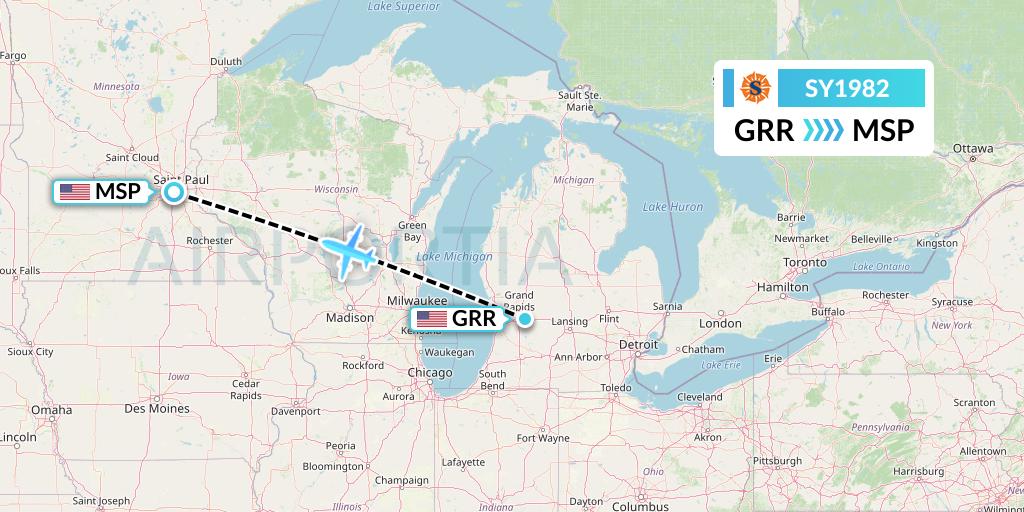 SY1982 Sun Country Airlines Flight Map: Grand Rapids to Minneapolis