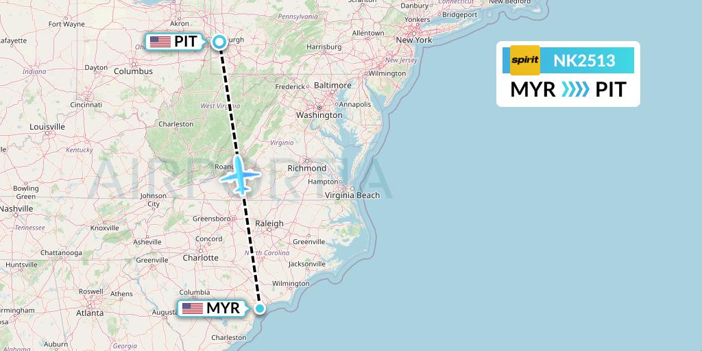 NK2513 Spirit Airlines Flight Map: Myrtle Beach to Pittsburgh