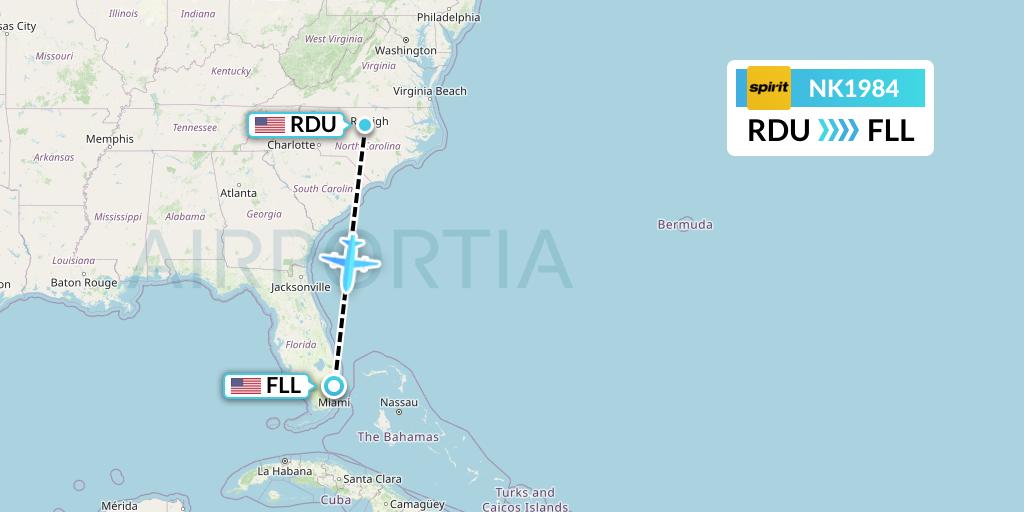 NK1984 Spirit Airlines Flight Map: Raleigh-Durham to Fort Lauderdale