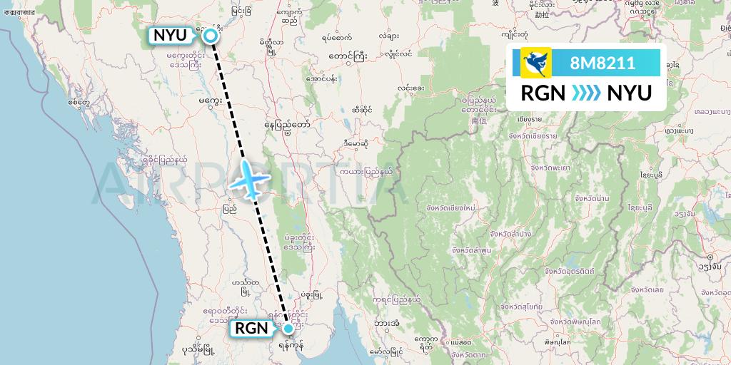 8M8211 Myanmar Airways International Flight Map: Yangon to Nyaung U