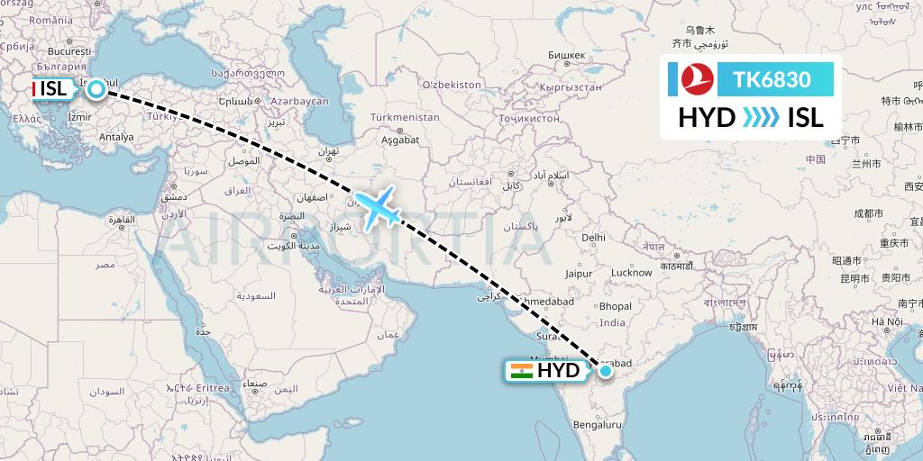 TK6830 Turkish Airlines Flight Map: Hyderabad to Istanbul