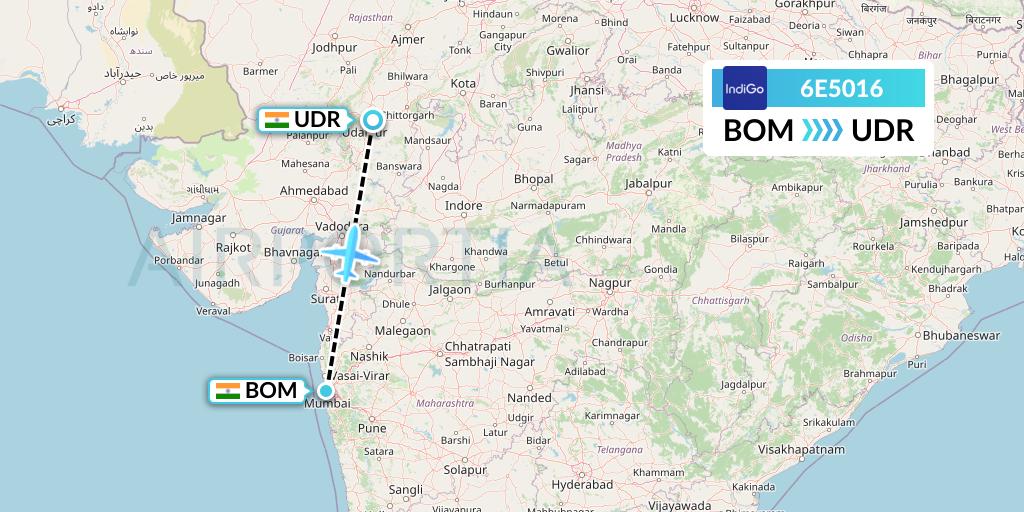 6E5016 IndiGo Airlines Flight Map: Mumbai to Udaipur