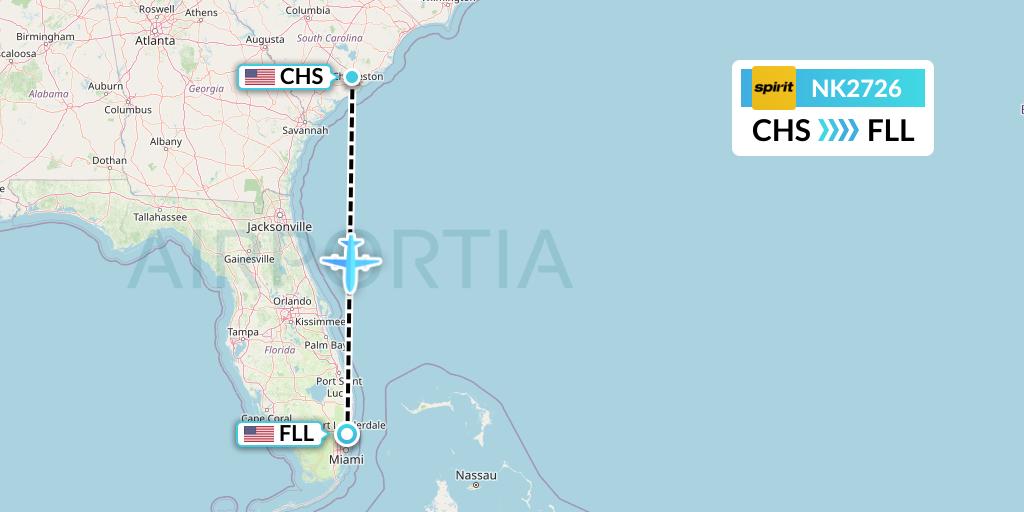 NK2726 Spirit Airlines Flight Map: Charleston to Fort Lauderdale