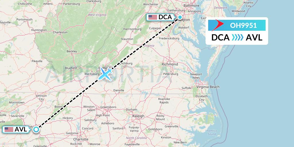 OH9951 PSA Airlines Flight Map: Washington to Asheville