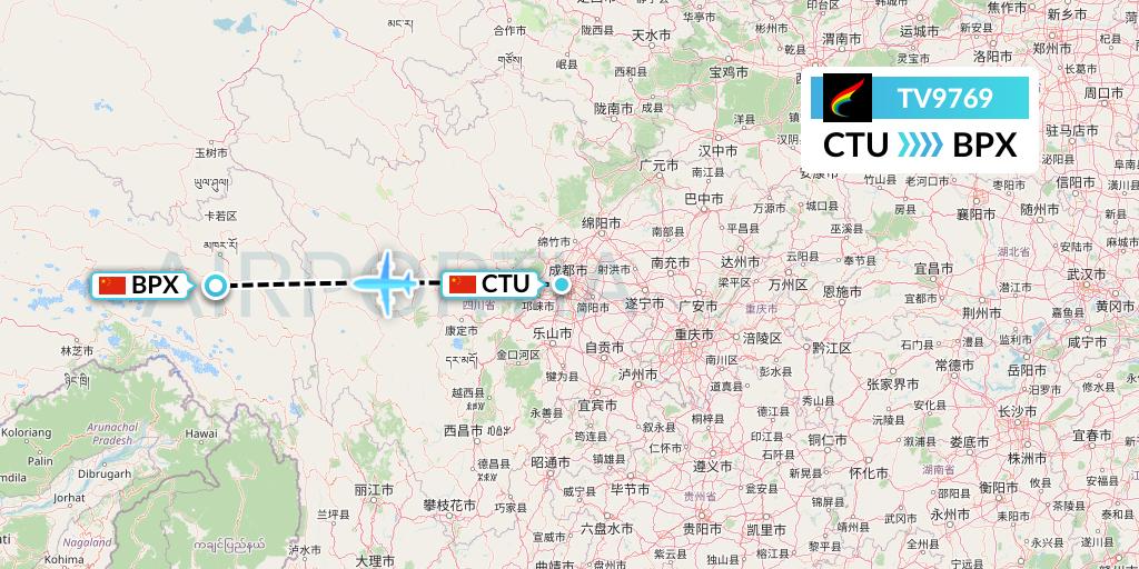 TV9769 Tibet Airlines Flight Map: Chengdu to Bangda