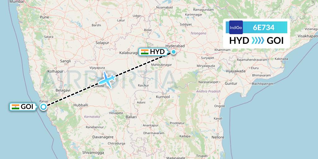 6E734 IndiGo Airlines Flight Map: Hyderabad to Goa