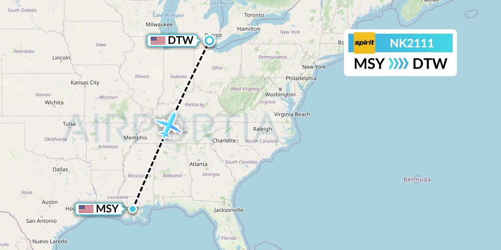 NK2111 Spirit Airlines Flight Map: New Orleans to Detroit
