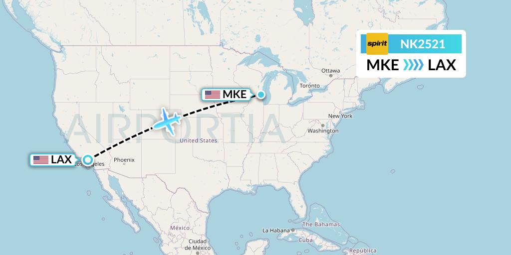 NK2521 Spirit Airlines Flight Map: Milwaukee to Los Angeles