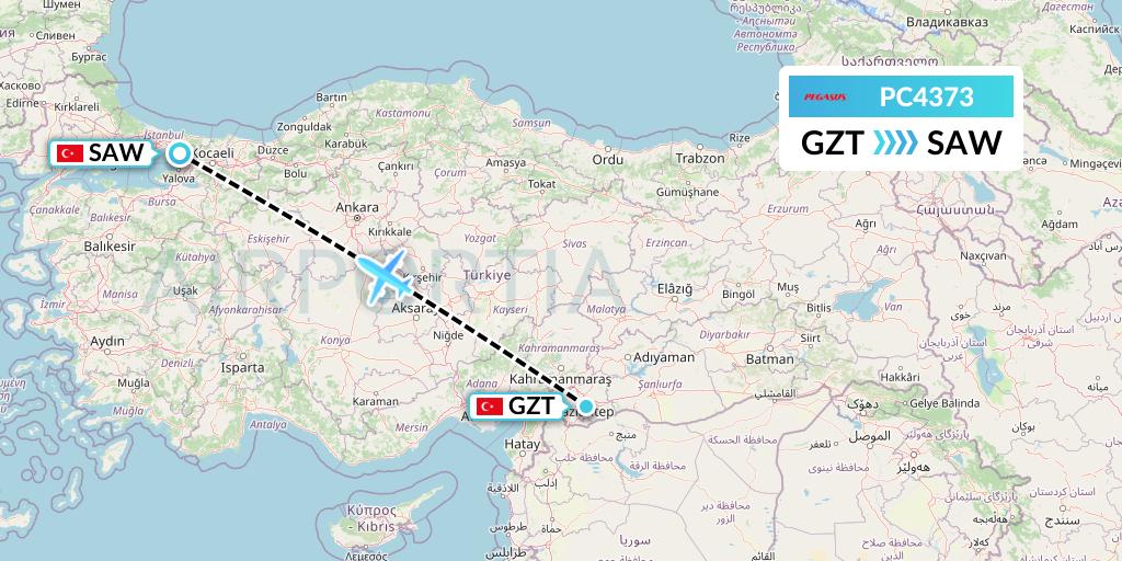 PC4373 Pegasus Airlines Flight Map: Gaziantep to Istanbul