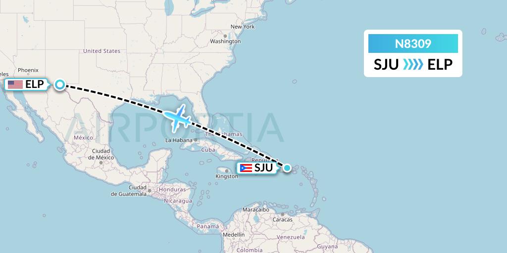N8309 National Airlines Flight Map: San Juan to El Paso