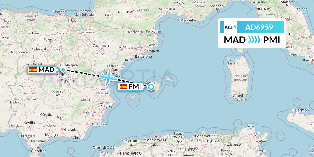 AD6959 Azul Brazilian Airlines Flight Map: Madrid to Palma de Mallorca