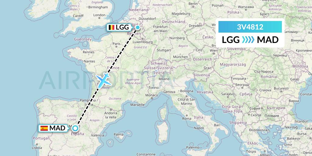 3V4812 ASL Airlines Belgium Flight Map: Liege to Madrid