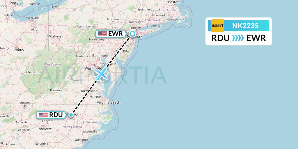 NK2235 Spirit Airlines Flight Map: Raleigh-Durham to New York