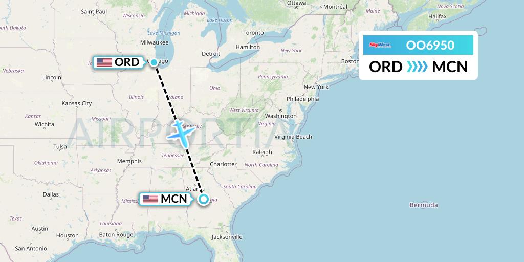 OO6950 SkyWest Airlines Flight Map: Chicago to Macon