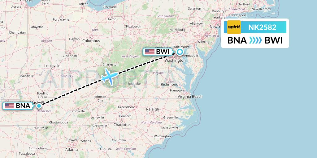 NK2582 Spirit Airlines Flight Map: Nashville to Baltimore