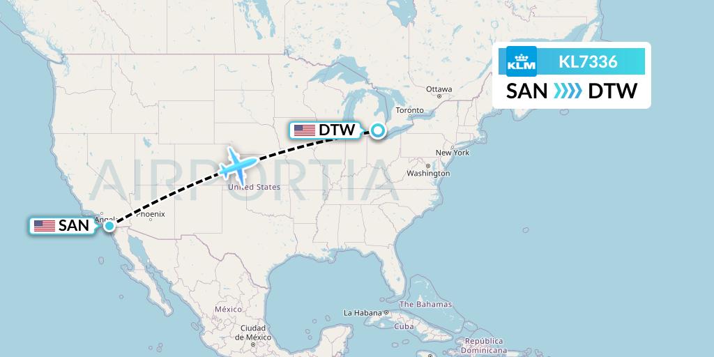 KL7336 KLM Flight Map: San Diego to Detroit