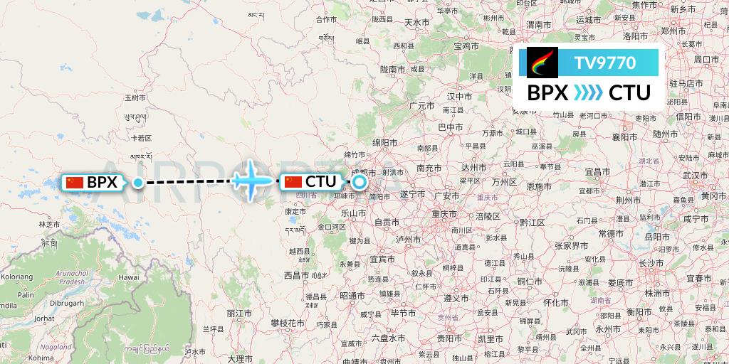 TV9770 Tibet Airlines Flight Map: Bangda to Chengdu