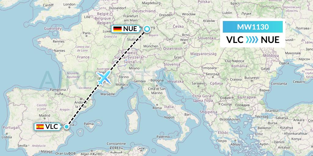 MW1130 Mokulele Flight Service Flight Map: Valencia to Nurnberg