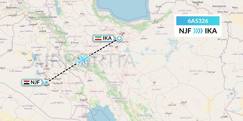 6A5326 Armenia Airways Aircompany CJSC Flight Map: Najaf to Tehran