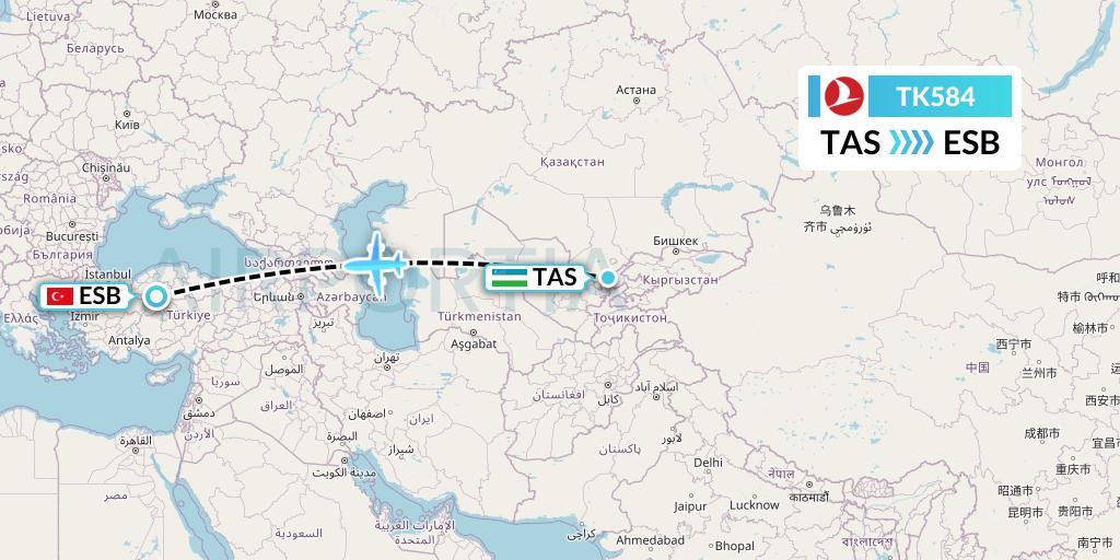 TK584 Turkish Airlines Flight Map: Tashkent to Ankara